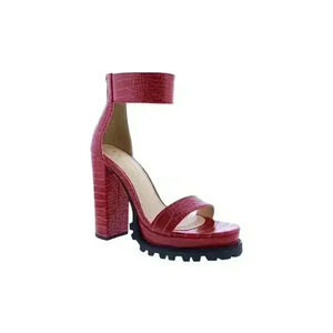 Liliana Red Patterned Skin Thick Ankle Strap Rugged Outsole Heel. Size: 10